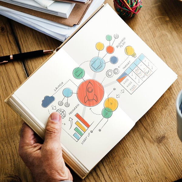 A man holding a book with a diagram of target goals and success rates for a rocket ship.