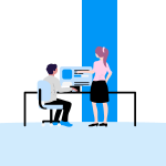 A professional business woman collaborating with a male employee at his computer monitor reviewing a web page.