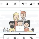 A group of working professionals gathered around one man working on a laptop with text editing tools around them.