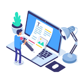 Small man wearing a blue shirt and jeans writing on a document that's laying down on a large laptop.