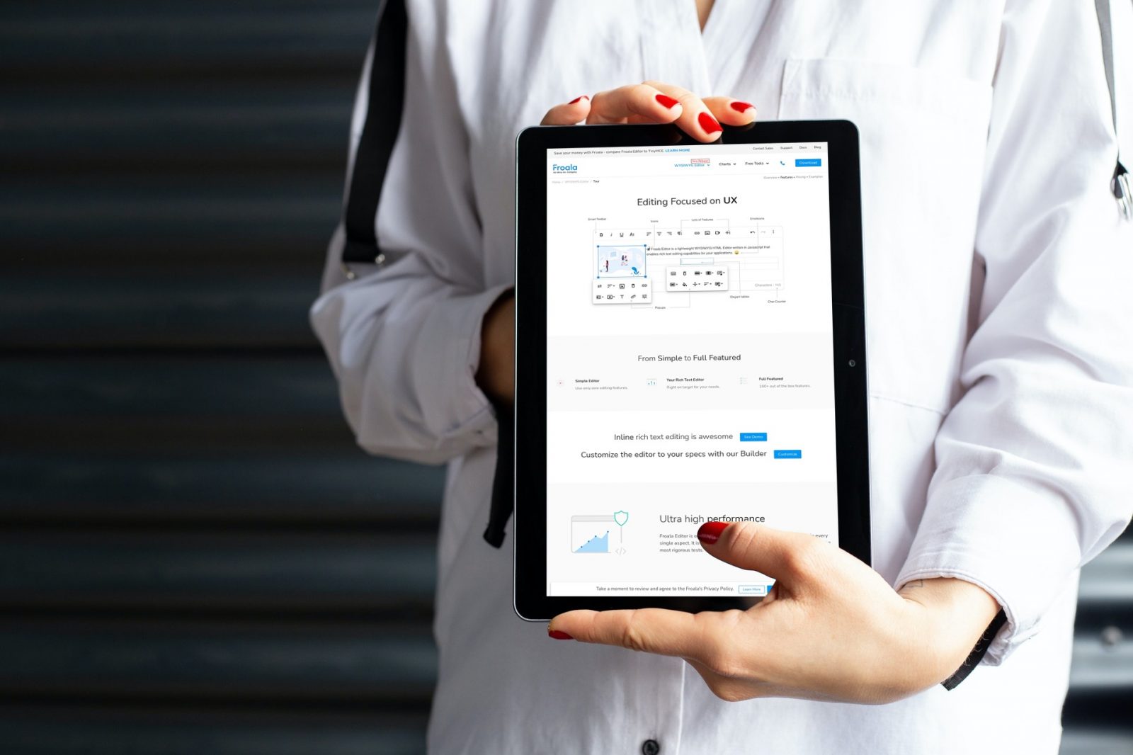 Illustrating the Froala Editor interface, showcasing a rich text editing environment.