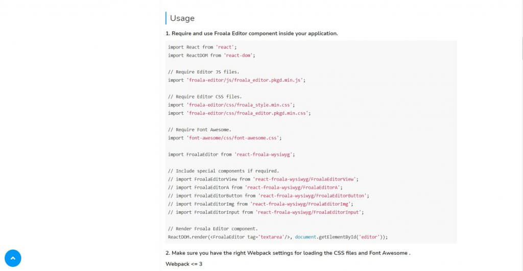 React JS documentation in Froala, showcasing integration and usage guidelines
