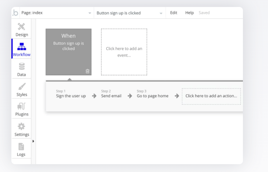 Displaying Bubble.io, a visual programming and web development platform.