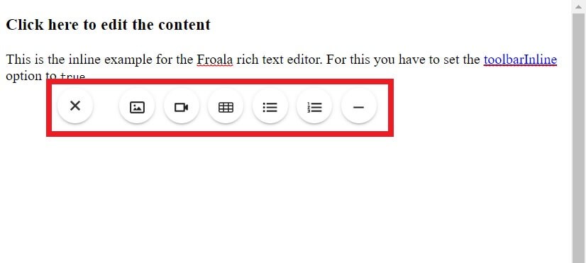 By clicking it, you can add images, videos or tables without switching between the edit mode and the view mode