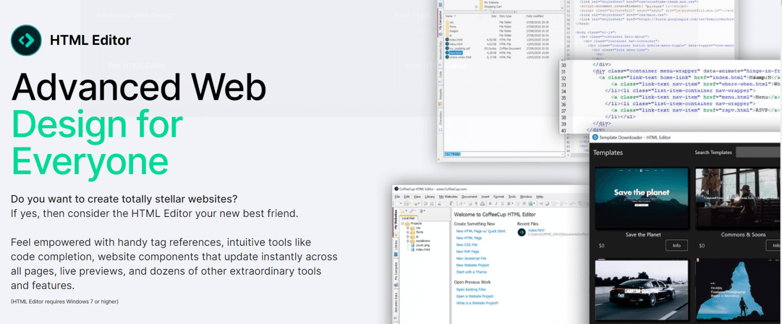 The Coffeecup HTML editor, emphasizing its web design and development capabilities.