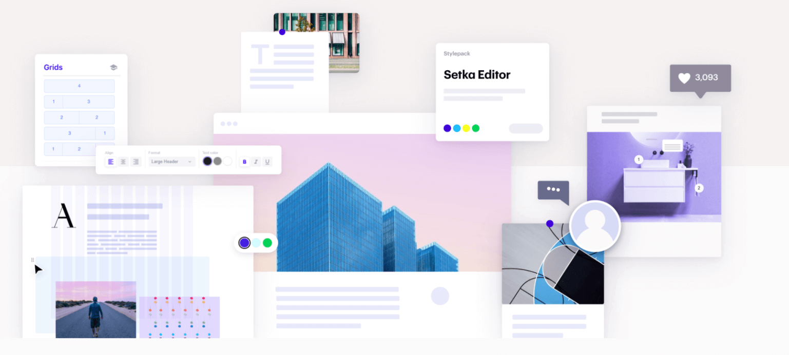 The Setka Editor interface, highlighting its layout design and content management features.