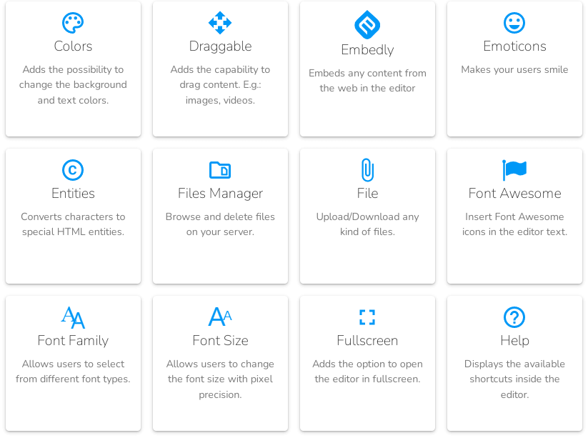 Froala editor features like Colors, Draggable, Embedly, and Emoticons.
