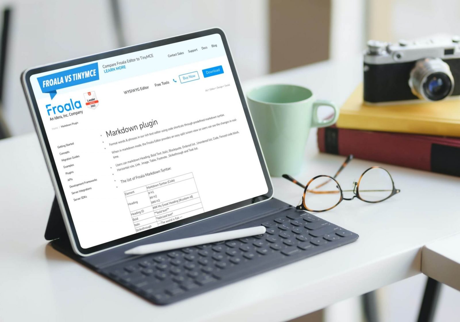 Froala's markdown editing capabilities, highlighting text formatting and structure.