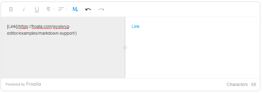 a text editor showing markdown code for a hyperlink, previewing the clickable word 