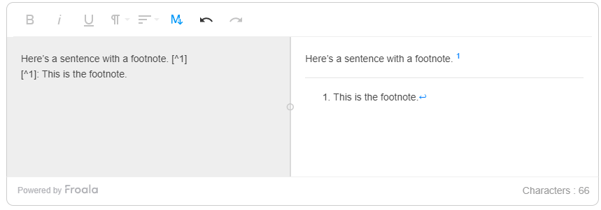 a text editor illustrating how to insert a footnote in markdown, with the footnote reference and explanation below.