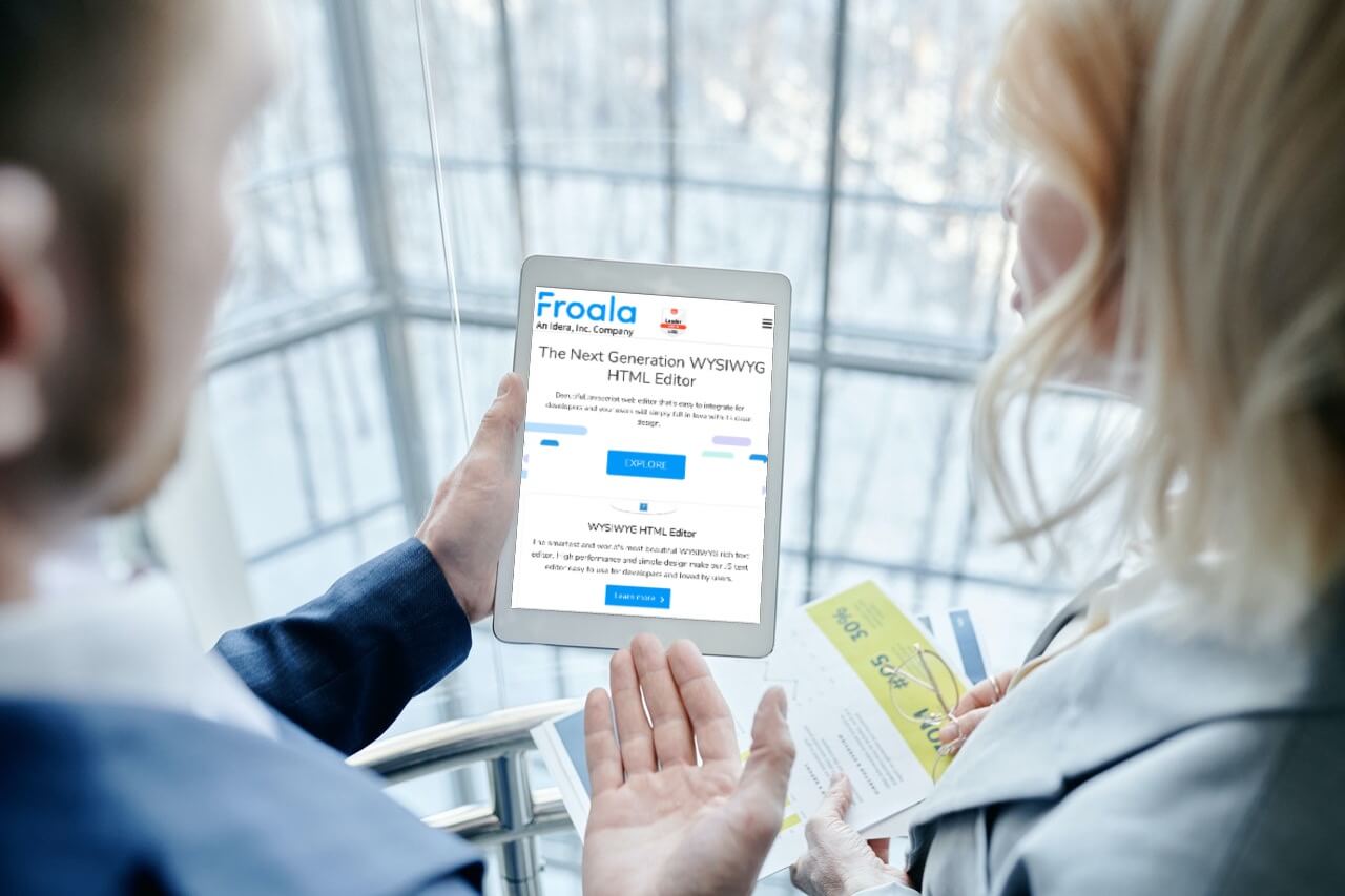 A device screen showing the Froala Editor interface, focusing on modern web development.