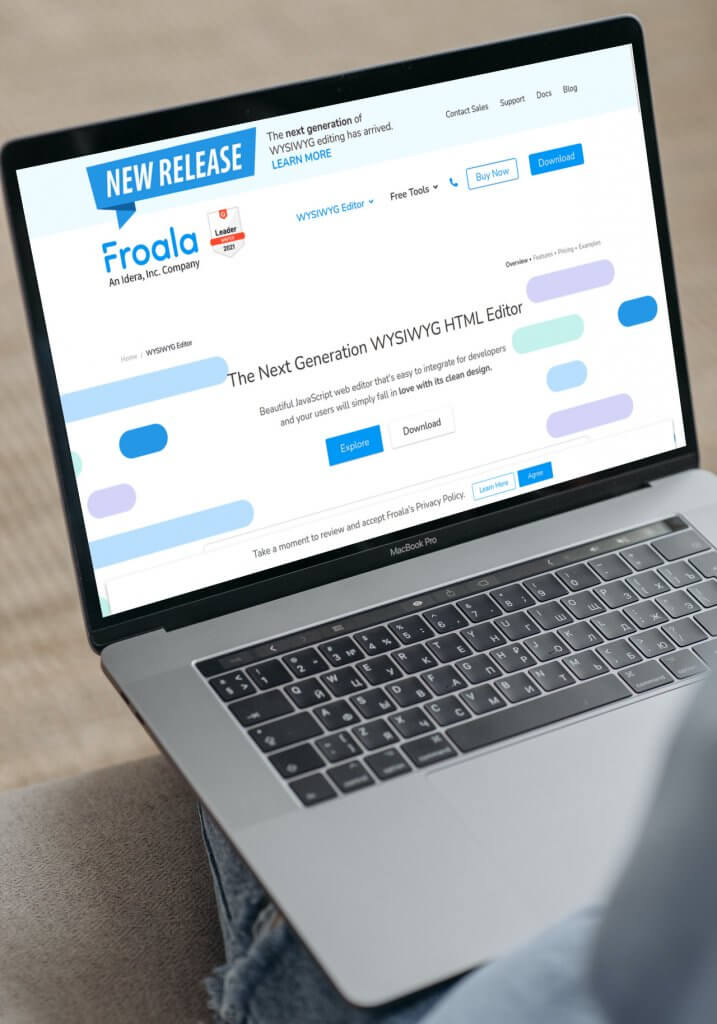 A close-up of a laptop screen displaying the Froala Editor's 