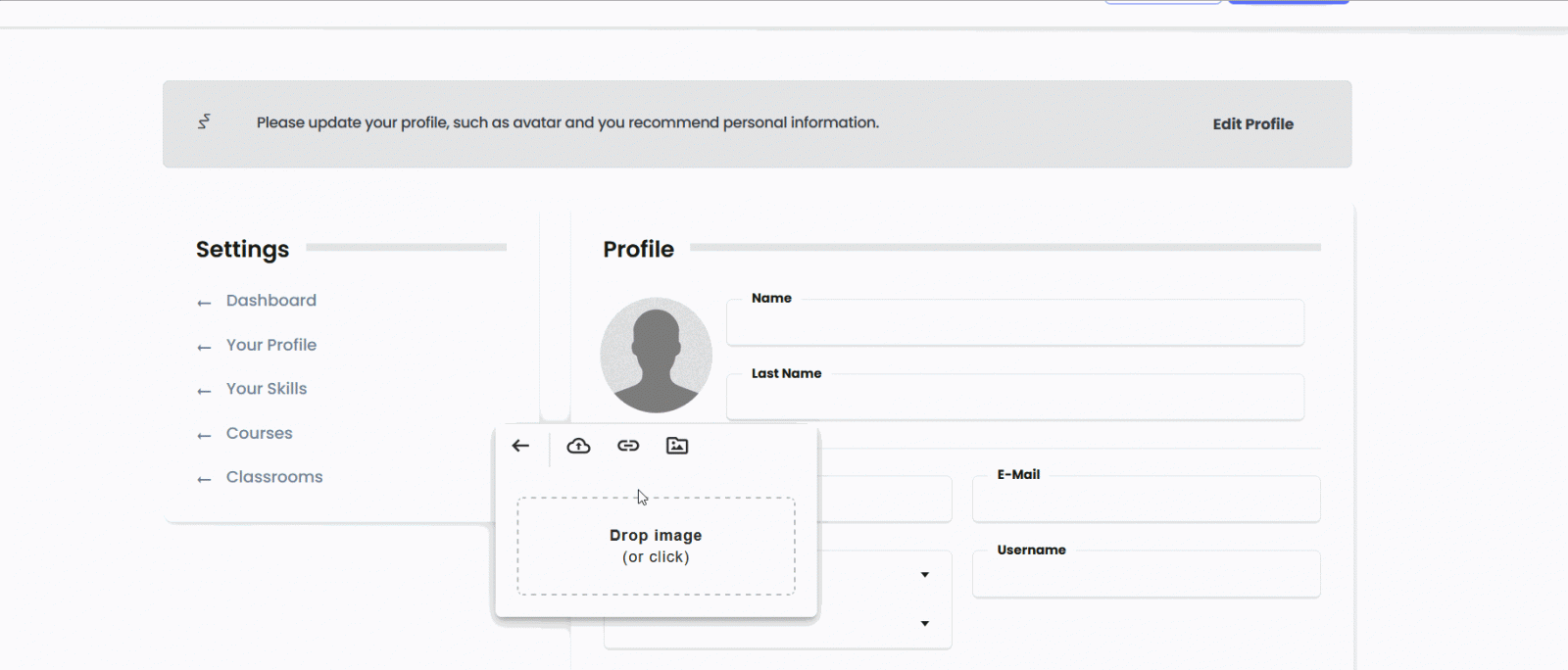 A user profile settings page with an option to drop or click to add an image.