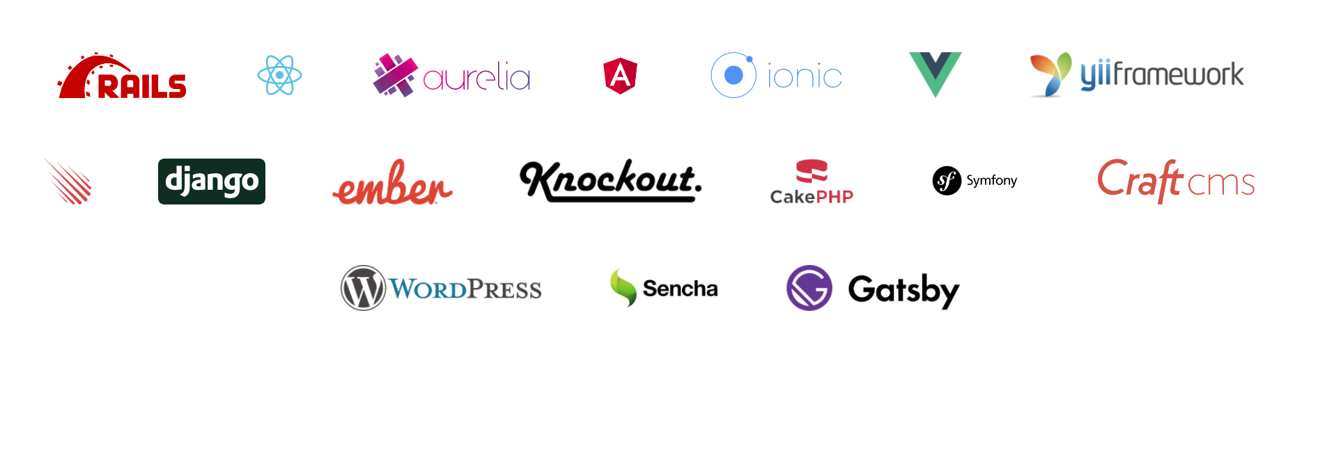 Logos of various web development frameworks and CMS platforms.