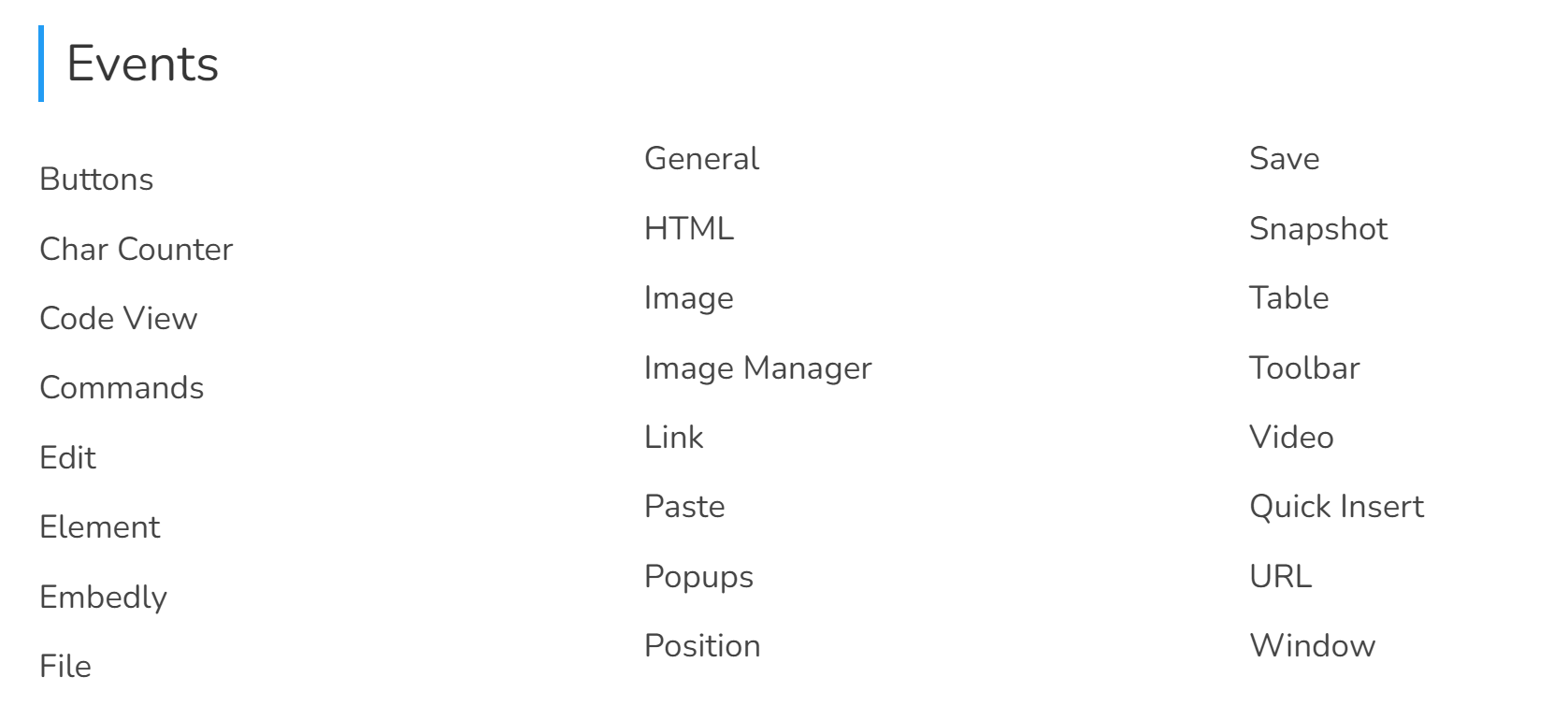 A list of event types in a WYSIWYG editor such as buttons, edit, and image manager.
