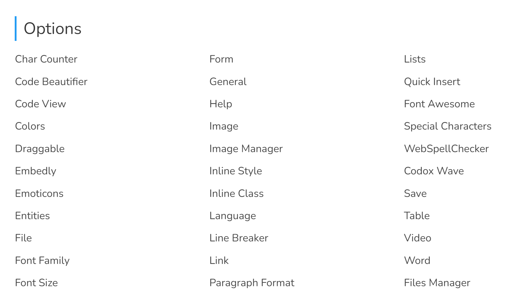An options menu from a WYSIWYG editor, including char counter and code view.