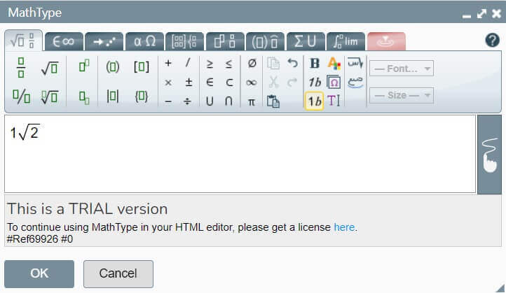 Clicking on the square root icon will open up all the symbols required for math equations