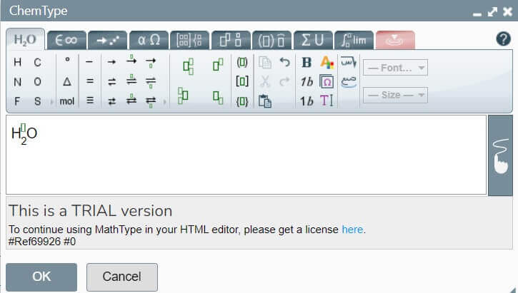 On the other hand, clicking on the C icon will bring up all symbols required for creating chemistry formulas.
