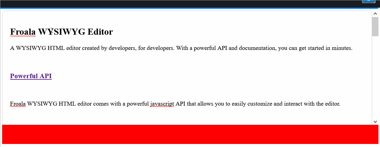 A web page showcasing the Froala WYSIWYG Editor with a focus on its powerful API.