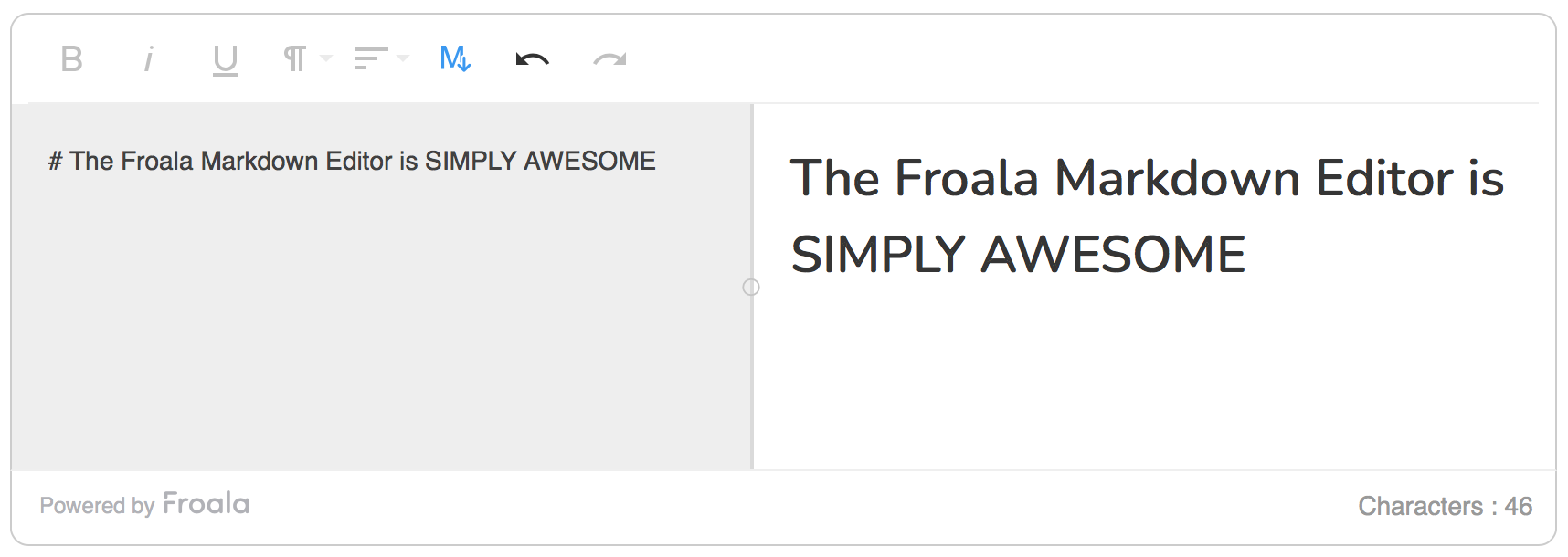 Split screen view Froala Markdown editor