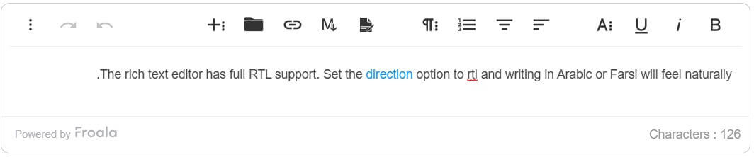 WordPress Content Editors - Once RTL mode is enabled, Froala looks like this