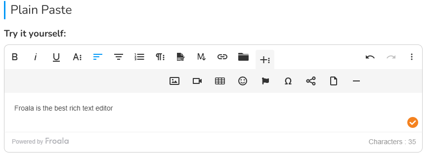 copy and paste content as pain text in Froala rich text editor