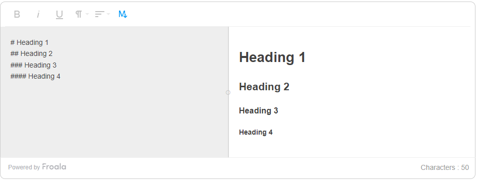 Froala Editor's left window contains the space where you can write Markdown. In the image, this space contains "# Heading 1" and so on up to "# Heading 4". On the other window, the resulting headings are displayed.