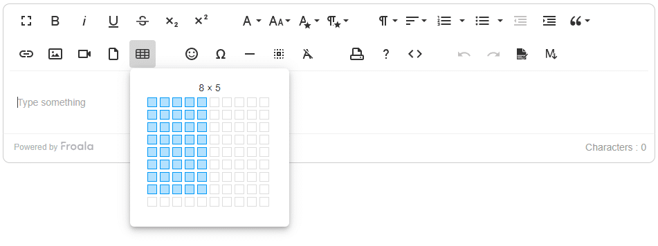Froala's table selection allows users to hover their cursor to a dummy table to easily select the number of columns and rows to create. The dummy table expands in rows and columns as the mouse's cursor reaches the end of a column or row. Those who use Froala's table features can easily create tables in HTML.