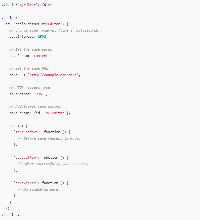 This is a sample code for configuring the saving properties of a rich text editor
