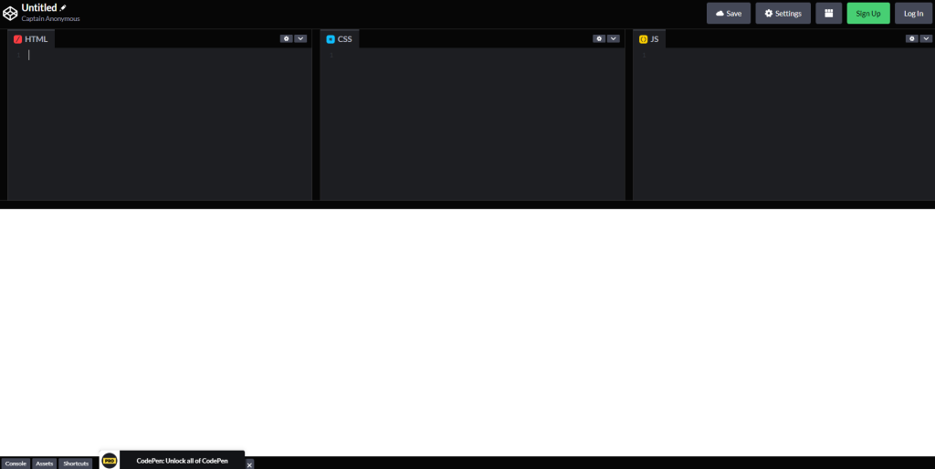 A screenshot of CodePen, a popular online JavaScript editor