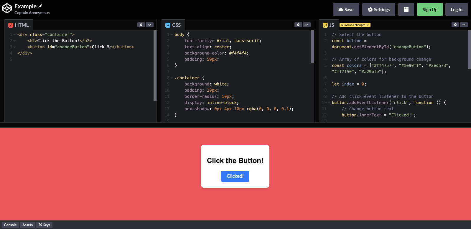 JS Editor - Codepen Example Screen 1