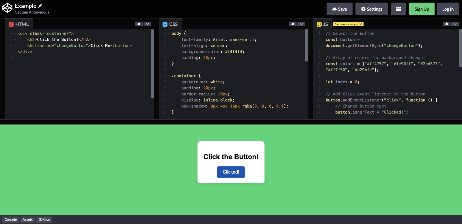 JS Editor - Codepen Example Screen 2