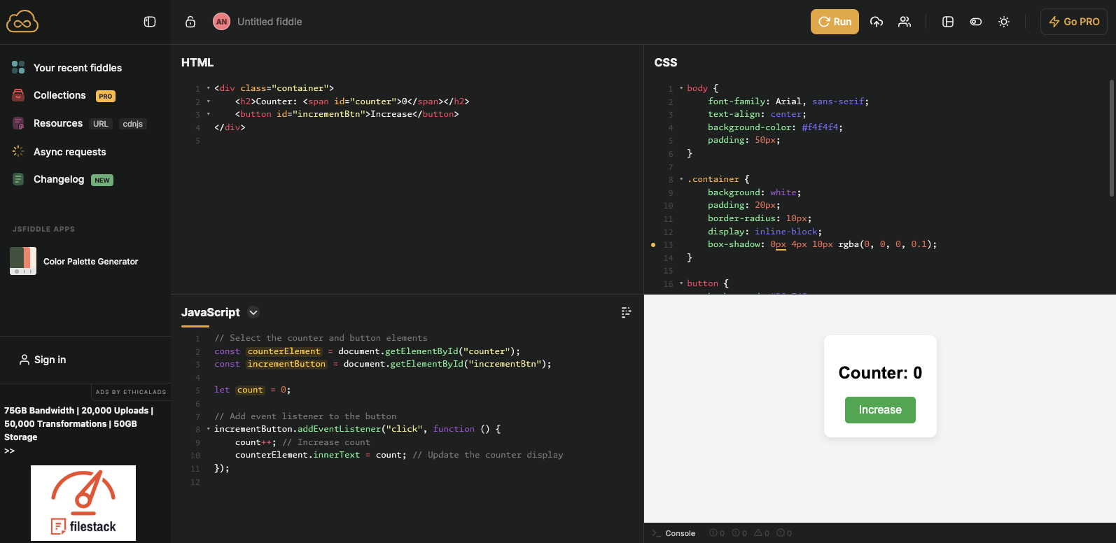 JS editor online - JSFiddle - JavaScript fiddle Example Output
