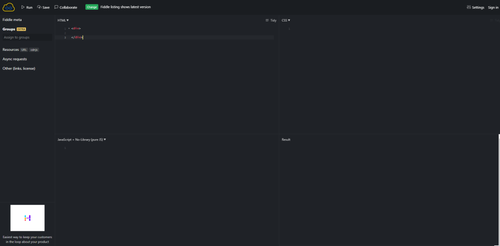 The interface of the JSFiddle online JavaScript editor