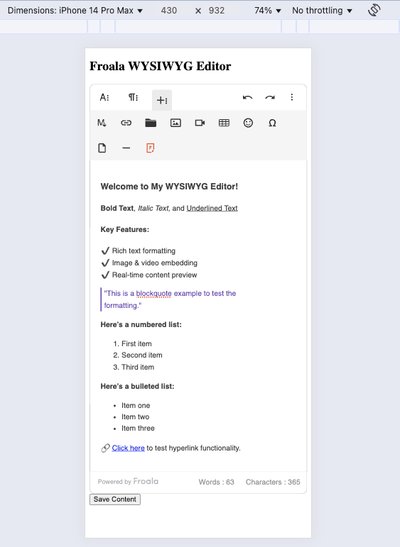 Froala WYSIWYG editor on a mobile device