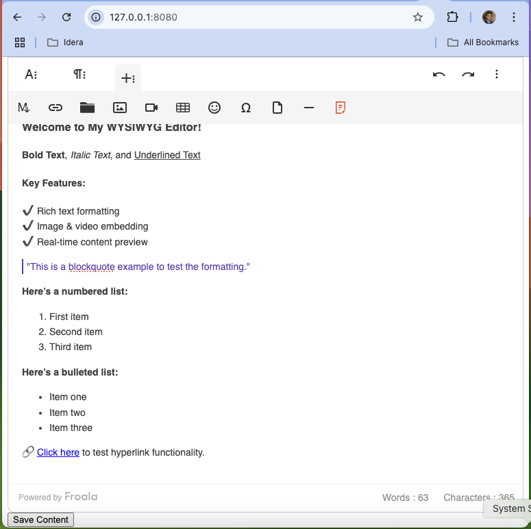 Froala WYSIWYG editor integration to Web Project - Output with more functionalities