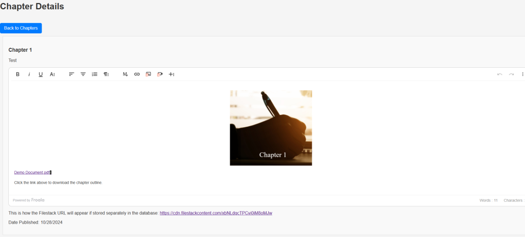 An image showing the chapter title, description, publication date, and contents. The contents are loaded accurately in the Froala Editor.