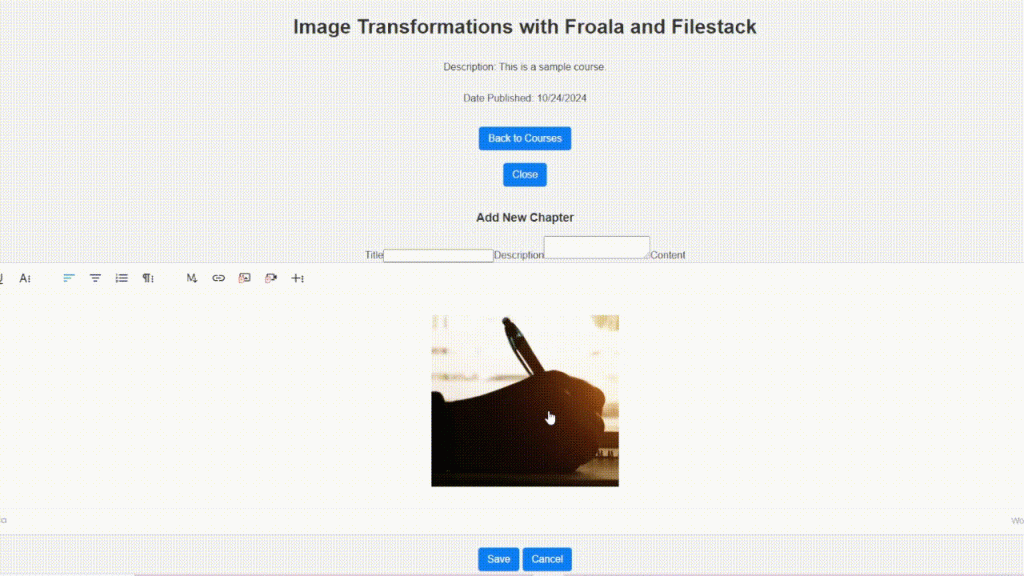 A GIF showing how you can transform images using Froala's built-in Filestack file picker.