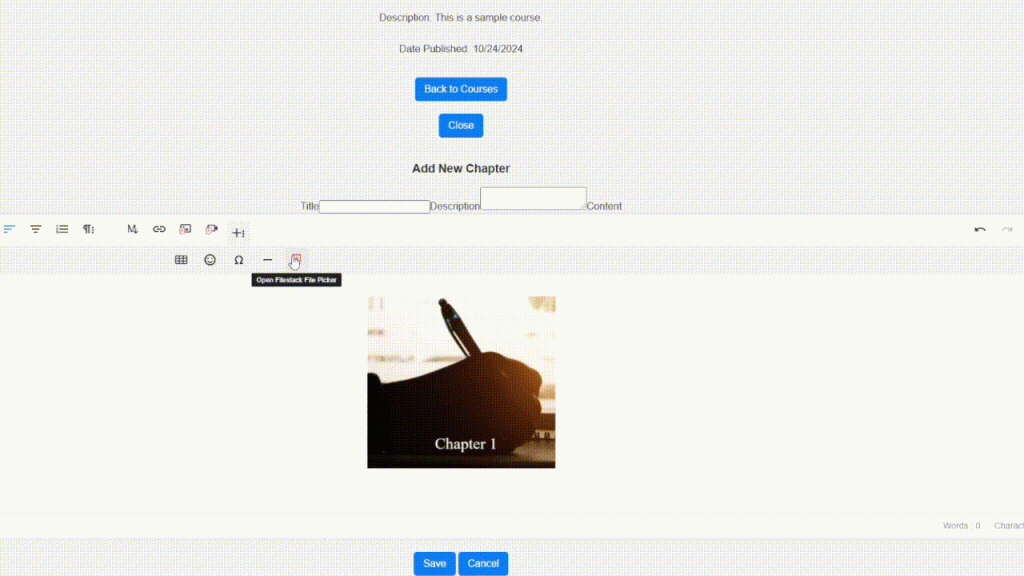 A GIF that shows how you can upload documents using Froala and Filestack.