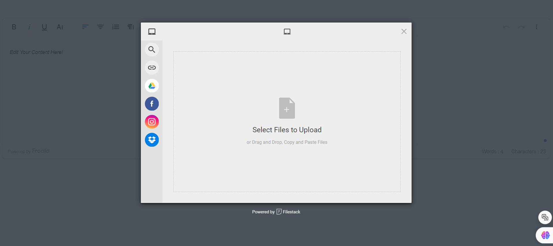 Froala Filestack integration