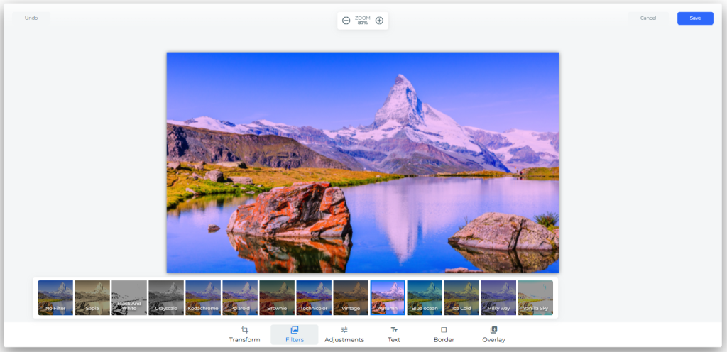 Applying a filter to the Matterhorn demo image