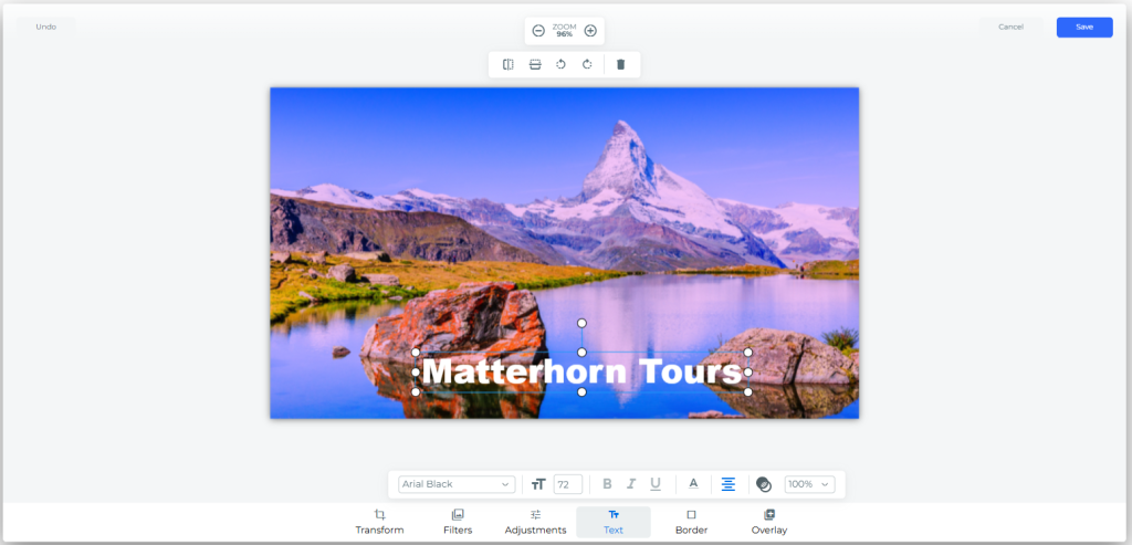 Inserting some sample text to the edited Matterhorn photo