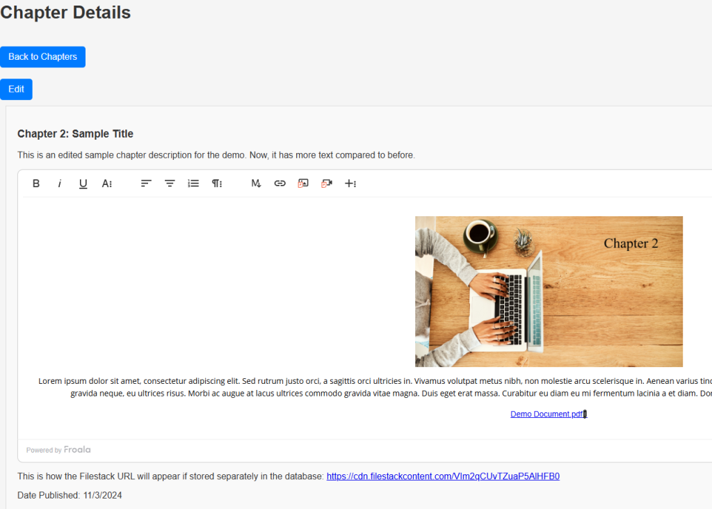 The chapter title and description have been edited. The "Save" button also turned back into "Edit"