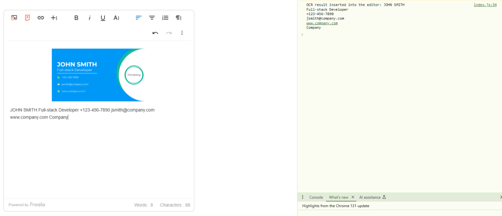After uploading an image through Froala, Filestack OCR gets the text from the image for our application to display