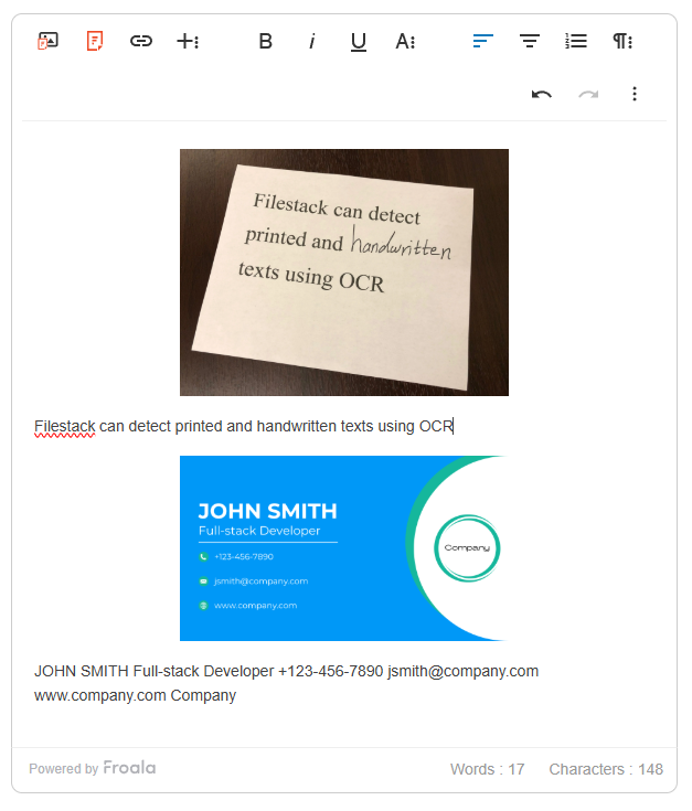 After the WebP image with both handwritten and printed text has been uploaded, Filestack was able to extract text from it and display the result in the editor. Yay!