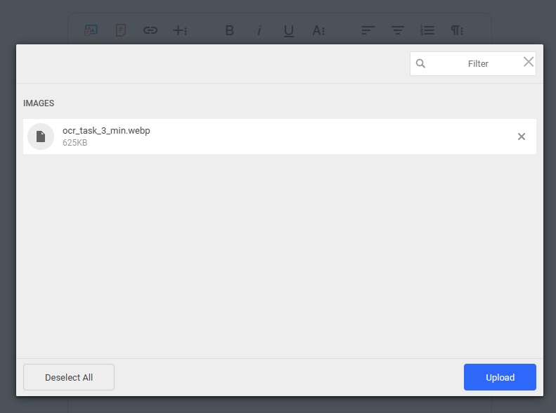 Using Filestack and Froala to upload an image with a WEBP format. Filestack will then extract text using OCR