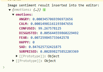 The browser console showing the result of the Image Sentiment API call from Filestack. Here, it shows that the image displays 99.27% confusion.