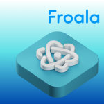 Froala and React logos on a blue gradient background symbolizing the Froala React rich text editor integration with React 18