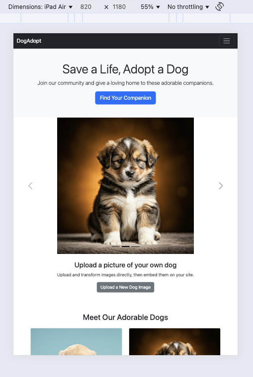 Responsive preview of the dog adoption website built with Bootstrap, Froala and Filestack (iPad view)