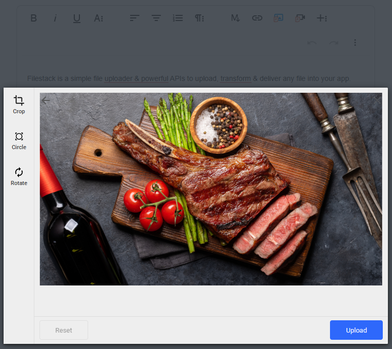 Uploading a picture of a steak for image tagging using Froala WYSIWYG editor
